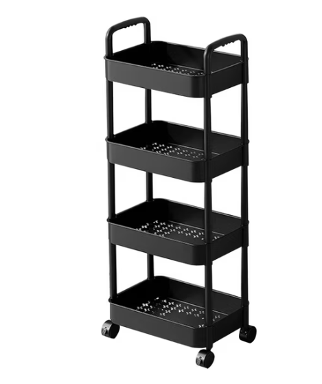 Plastic Rolling Utility Cart with Handle,Utility Storage Cart for Office, Living Room, Kitchen,Movable Storage Organizer Shelves,Black, 4 Tier