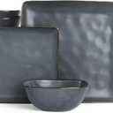 Famiware Dinnerware Sets for 8, Ocean Square 24-Piece Kitchen Plates and Bowls Sets, Microwave and Dishwasher Safe, Scratch Resistant, Matte Black