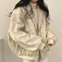 Sumleno Sherpa Jacket for Women Teen Girls Reversible Y2k Zip Up Hoodie Fleece Fur Grunge Winter Coat Cutecore Korean Clothes (Beige, L)