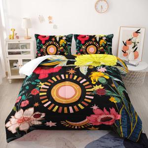 Nttopship 3 Pieces Black Boho Floral Comforter Set,Paisley Bedding Set Queen Size,Colorful Flower Leaves Printed on Black Design,All Season Lightweight Soft Microfiber Bedding with 2 Pillow Shams