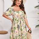 Women's Plus Size Casual Dress Square Neck Victorian Dress for Women Puff Sleeve Corset Dress Floral Dresses for Women (XXXL)