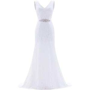 Likedpage Women's Lace Mermaid Wedding Dress, V-Neck Sleeveless Bridal Gown with Beaded Belt (White, M)