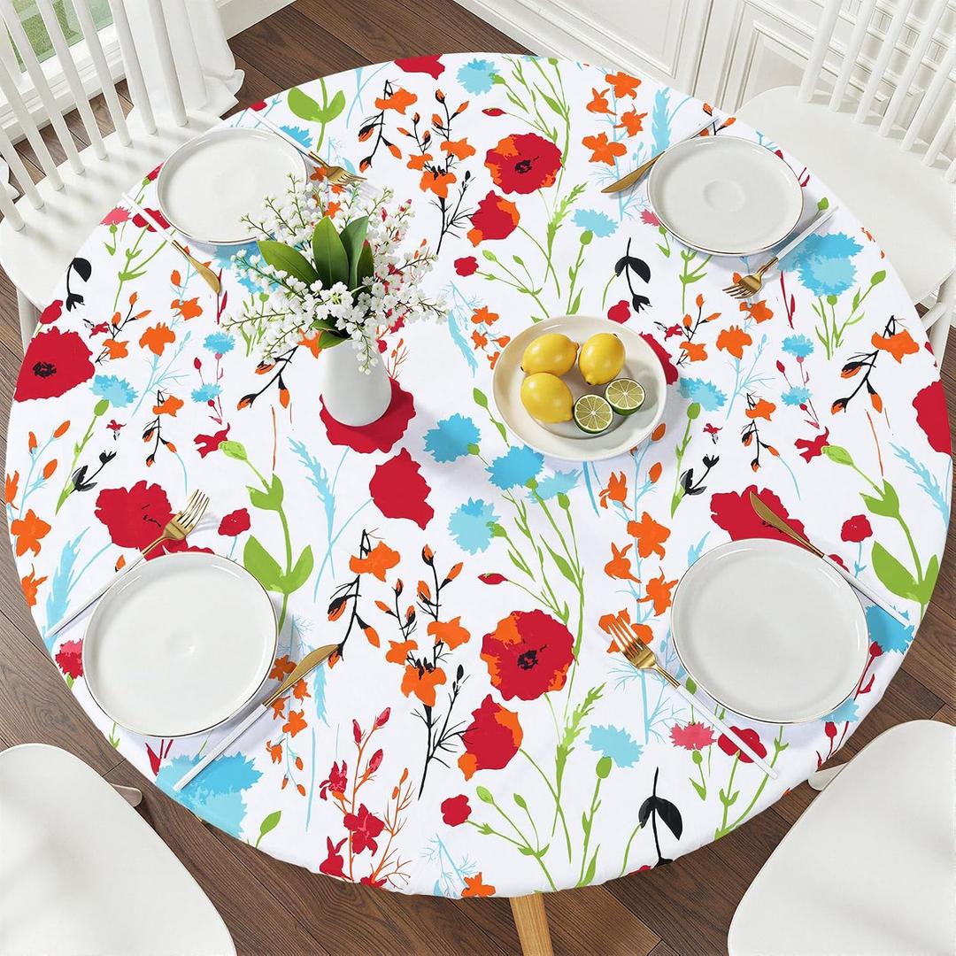 Smiry Round Picnic Tablecloth, Waterproof Elastic Fitted Table Covers for 36" - 44" Tables, Wipeable Flannel Backed Vinyl Tablecloths for Camping, Indoor, Outdoor, White & Red