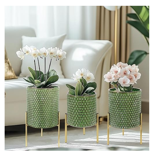 Honeycomb Plant Pots with Stands, Set of 3 - Indoor Flower Pots with Drain Holes & Rubber Stoppers, Includes Clear Plastic Nursery Pots - Stylish Modern Home Decor for Living Room, Office, and Balcony, Macaron Green