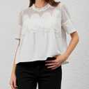 Womens Lace Flared Short Sleeve Blouse Lace Poplin Ruffle Mesh Crew Neck Swing Babydoll Tops Elegant Loose Shirts (S)