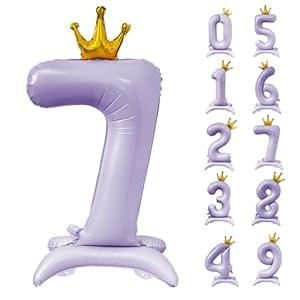 42 Inch Purple Number Balloon with Base Light Purple Crown Balloon 0-9 Standing Number 7 Balloon with Crown Giant Foil Helium Balloons for Birthday Party Decorations Supplies