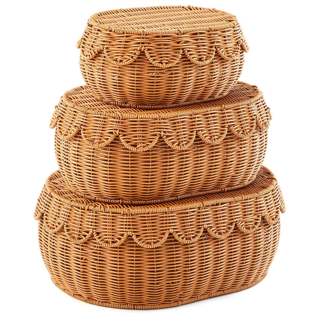 Juexica 3 Pcs Scalloped Basket with Lid Hand Woven Plastic Wicker Set 18 x 14 x 6 Inch Plastic Rattan Storage, Decorative Scalloped Edge Basket for Bread Picnic Table Bathroom Decor