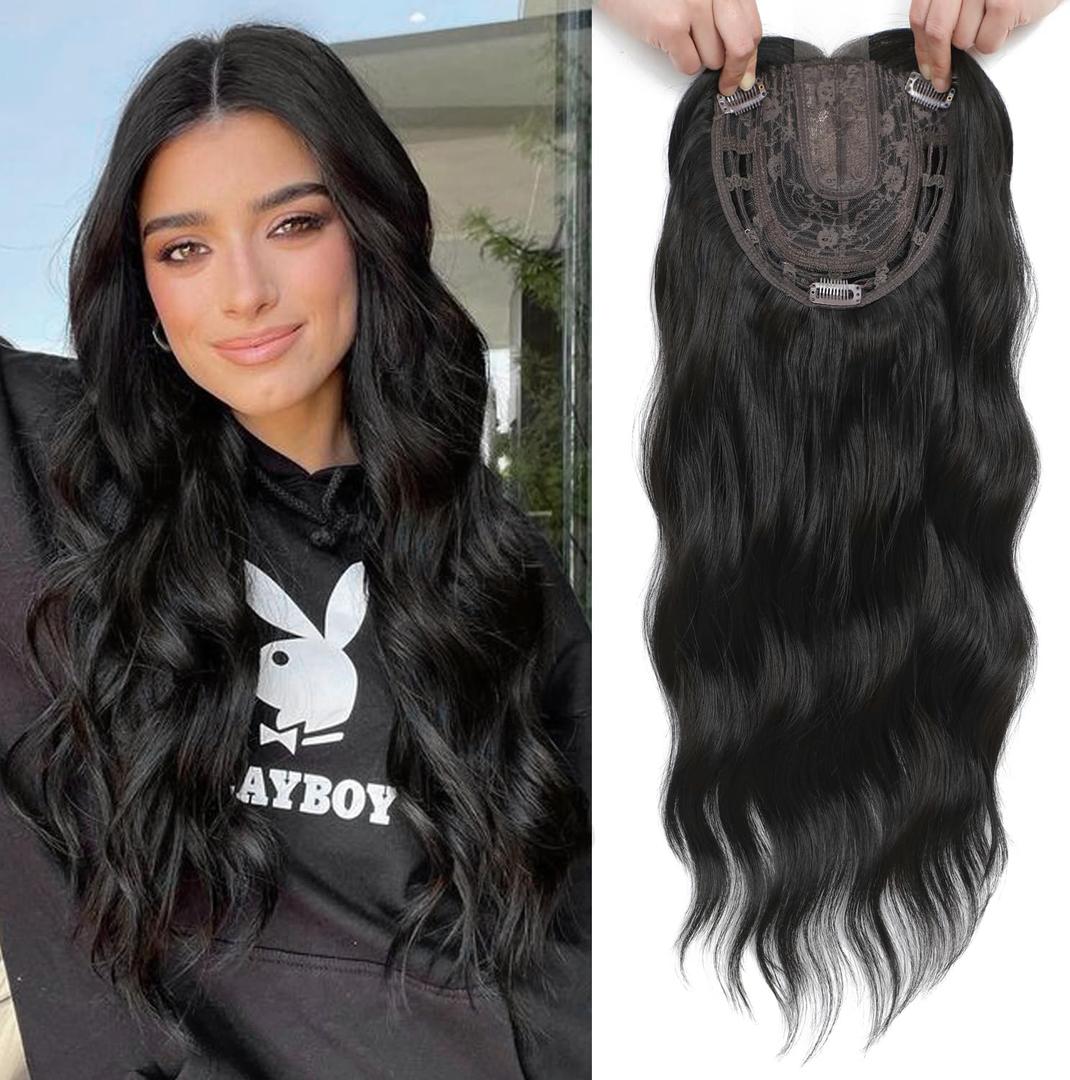 Long Black Wavy Hair Topper with 7"X7" Large Base For Women, Wiglets Central Lace Clip In Hairpieces for Crown Thinning Hair,20inch