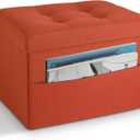 LINMAGCO Storage Ottoman Folding Foot Stool Foot Rest with Side Pocket Modern Ottoman with Storage Short Sofa Stool Linen Cloth 17x13x13(Orange)