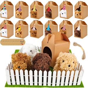 68 Pcs Adopt A Puppy Party Favors Set with 16 Mini Plush Teddy Dog 16 Hats 16 Paper Boxes 16 Adoption Card and Blackboard Chalk Fence Artificial Lawn for Adopt Birthday Party Supplies (Color Style 1)