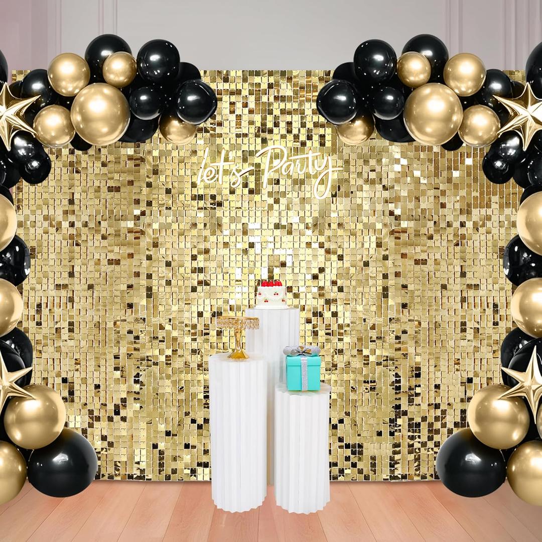 8 FT x 6 FT Light Gold Shimmer Wall Backdrop for Birthday Decorations, 48Pcs Dynamic Square Sequin Panels for Engagement Wedding Disco Prom Baby Shower Graduation Party Decor Supplies