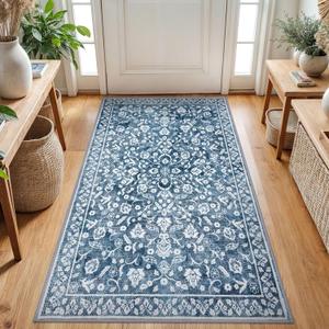 Vintage 3x5 Washable Rug for Entryway, Super Soft Blue and White Entryway Rug Non-Slip, Printed Faux Wool Floral 3x5 Area Rug Thin Floor Carpet for Kitchen, Bedroom, Office, Living Room