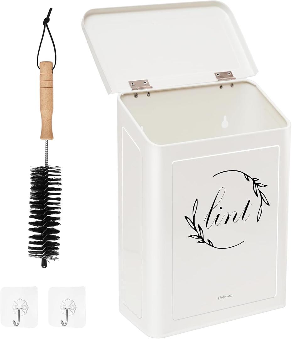 Magnetic Lint Bin for Laundry Room, Metal Lint Trash Can with Lid for Dryer, Wall Mounted Lint Holder Box with Lint Brush, Modern Farmhouse Laundry Room Decor, Cream
