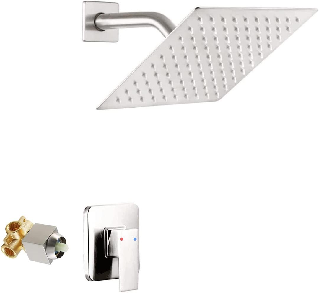 Brushed Nickel Shower Faucet GGStudy Single Function Shower Trim Kit with Rough-in Valve Shower Set Bath Rainfall Shower Faucet System 8inch Square Stainless Steel Metal Shower Head