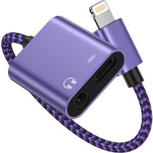 iPhone Dongle Headphone and Charger 2 in 1, Lightning to 3.5mm Audio Jack + Charge Splitter [Mfi Certified] iPhone Aux Adapter Female Converter for Apple 14 Plus 13 12 11 Pro Max XR XS iPad mini iPod (Purple)