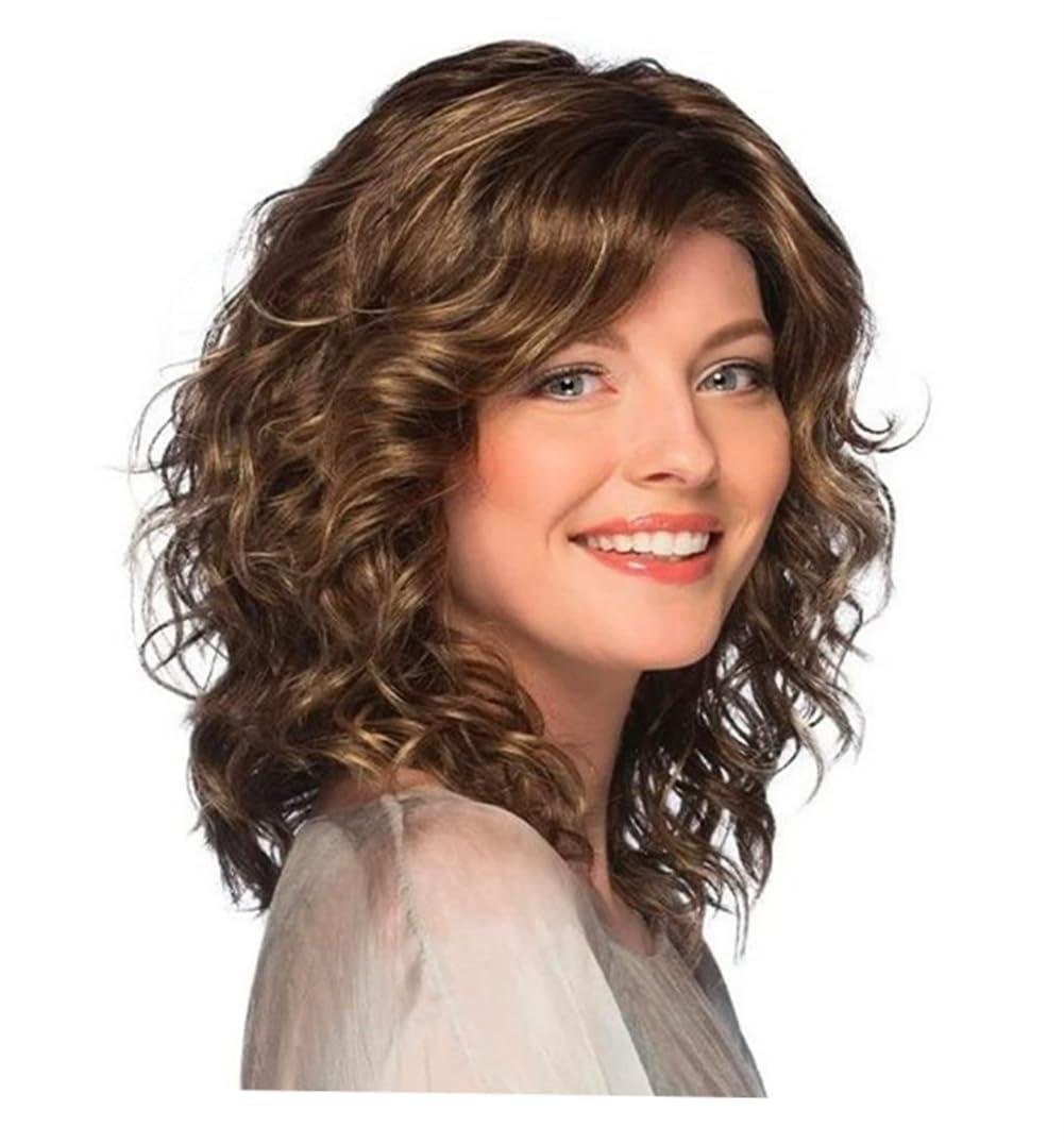 Short Brown Wavy Real Hair for Women, Layered Design, Lightweight, Glueless, Breathable, Wigs Human Hair Mixed Heat Resistant Synthetic, Tangle-Free, Natural Look (Brown,14 Inch)