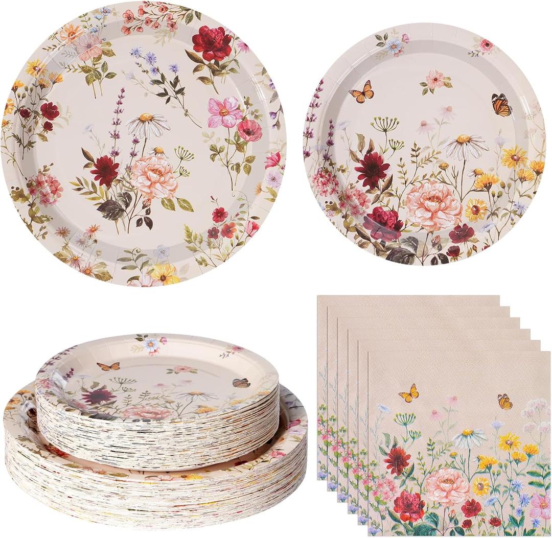 200pcs Floral Paper Plates Napkins Set,50set Disposable Wildflower Plate and Napkin for Spring Party,Bridal Shower,Wedding,Baby Shower,Birthday,Easter and Mothers Day Decorations