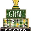 DIYDEC 4Pcs Soccer Tabletop Decorations Wooden Trophy Block Signs Gift Rustic Football Tiered Tray Decor Soccer Centerpiece World Cup Table Sign for Home Office Tabletop Fireplace Party Decor
