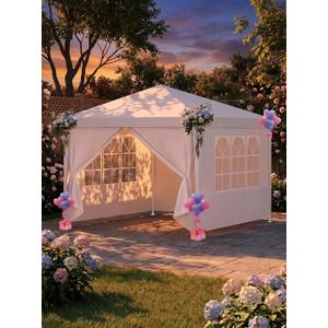 COBIZI 10x10FT Party Tent with 4 Sidewalls, Lightweight Single-Use Canopy, White - [Not Wind-Resistant, Please Consider Carefully]