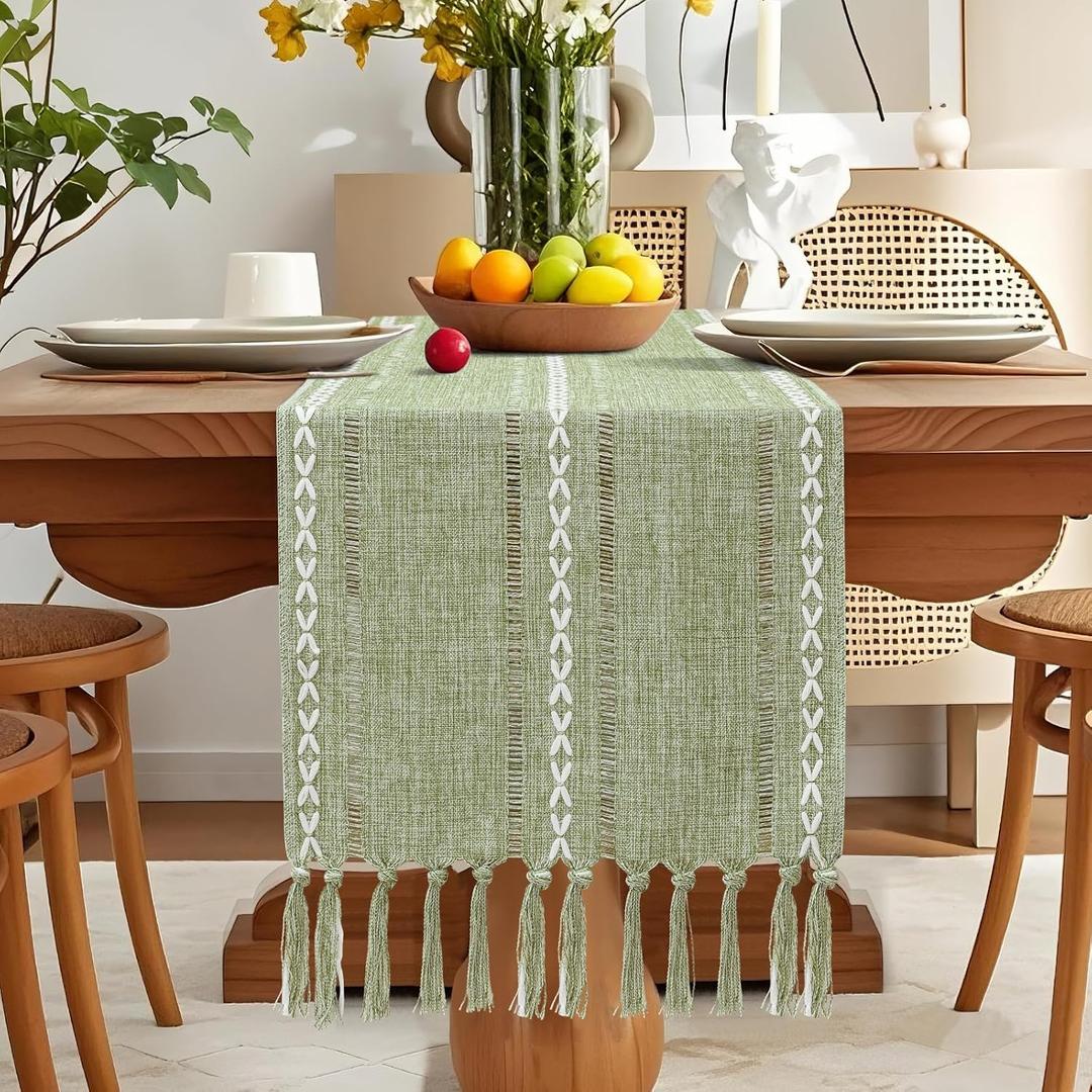 5 x OTOSTAR Table Runner with Tassels 13x72 Inch Rustic Farmhouse Table Runners Boho Hemstitched Embroidered Table Runner 72 Inches Long Rustic Home Holiday Party Dining Decor (Sage Green)