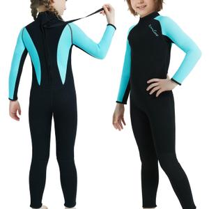 OMGear Wetsuit Kids 2mm 3mm Shorty Neoprene one Piece Short Sleeves Diving Suits Back Zipper Thermal Swimsuit for Youth Boys Girls Scuba Diving Surfing Snorkeling Swimming Water Sports (14, Full/Light Blue)