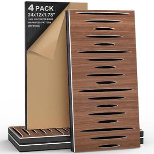 4Pack Acoustic Wall Panel Self-Adhesive Soundproof Foam Panels for Wall, 3D Perforated Tri-Layer Polyester Fiber Decorative Acoustic Insulation for Recording Studio, 24121.78", Elliptical-Line (Dark Walnut Grain)
