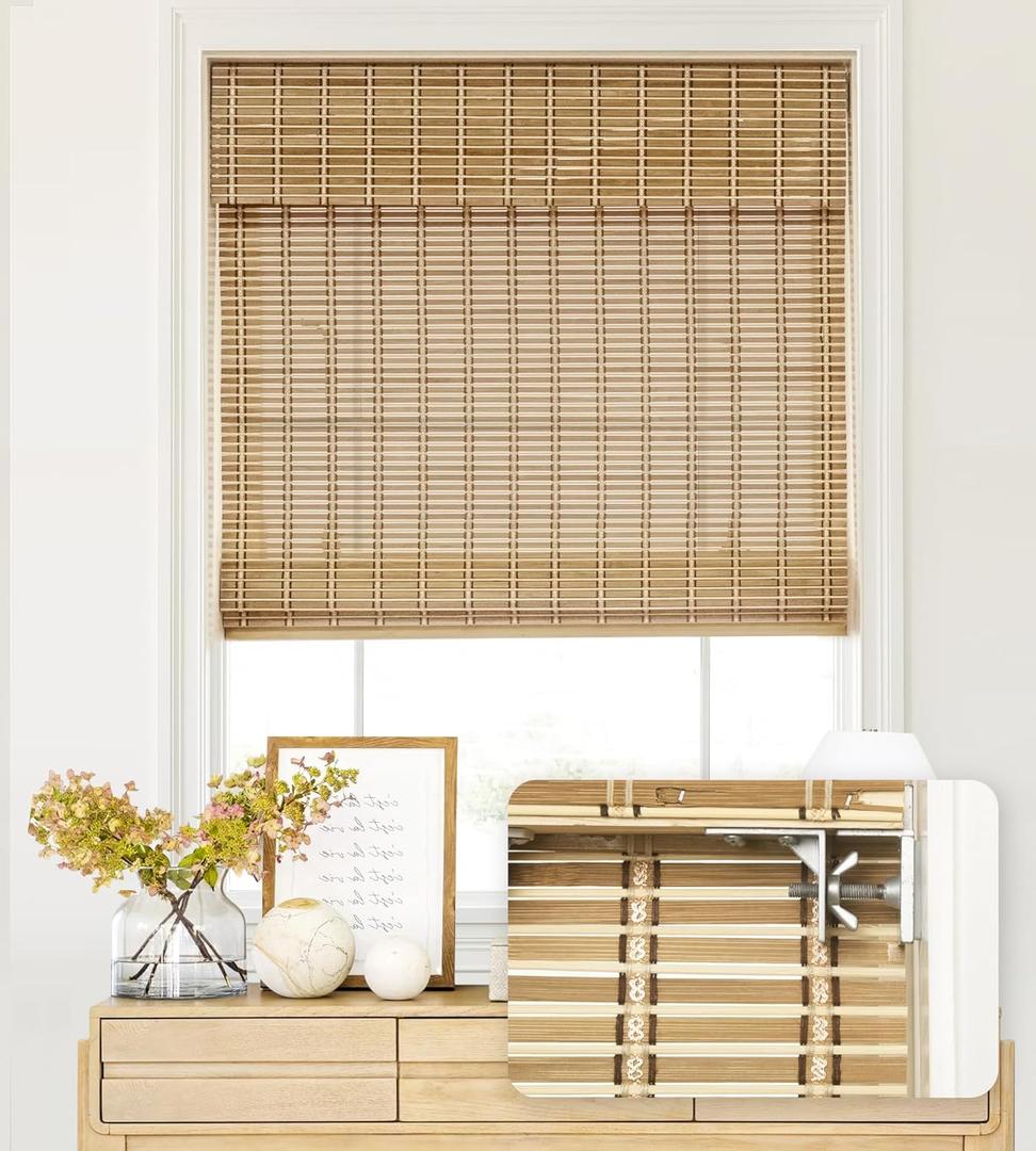 LazBlinds No Tools No Drill Cordless Bamboo Roman Shades, Light Filtering Window Treatment, Roll Up Bamboo Blinds for Windows 24'' W x 64'' H, Natural 306