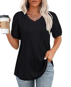 siliteelon Womens Blouses Dressy Casual Puff Short Sleeves Shirts Pleated V Neck Summer Loose Blouses Tunic Tops L Black