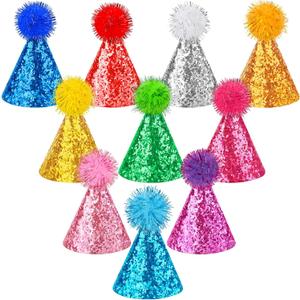 Hooqict 10 PCS Mini Small Party Hats for Stuffed Animals Birthday Party Cone Hats with Pom Poms for Baby Small Dogs Cats Party Animals Toy Figures, Assorted