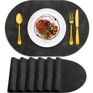 ADRIMER Placemats, Heat Resistant Oval Placemats Set of 6 Washable 12 x 17 Inch, Waterproof Table Mats, Wipeable Pu Place Mats for Kitchen, Dark Grey