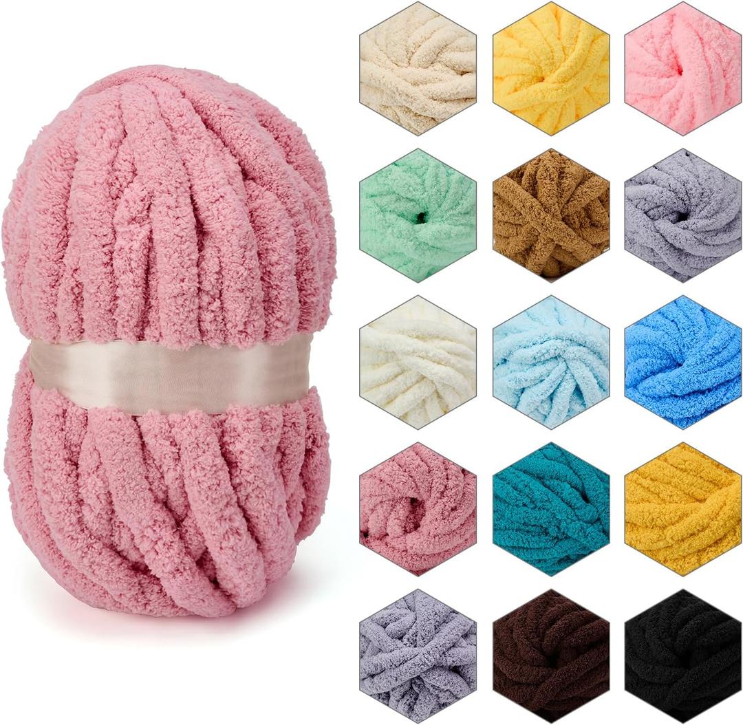 ERLYEEN Chenille Chunky Yarn Super Bulky Soft Thick Fluffy Jumbo Giant Washable Polyester Big Yarn DIY for Arm Knit Blanket Cushion Bed Sofa Home Decor,Leather Pink,0.55LB