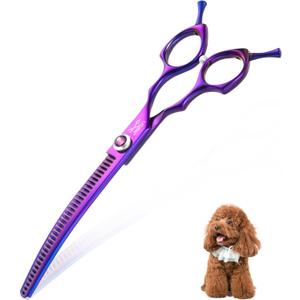 JASON 7.5" Curved Chunkers Shears - Professional Dog Scissors for Grooming, Japanese 440C Stainless Steel Blender Shears with Diamond Adjustable Screw (35 Teeth, Purple) Christmas Gift