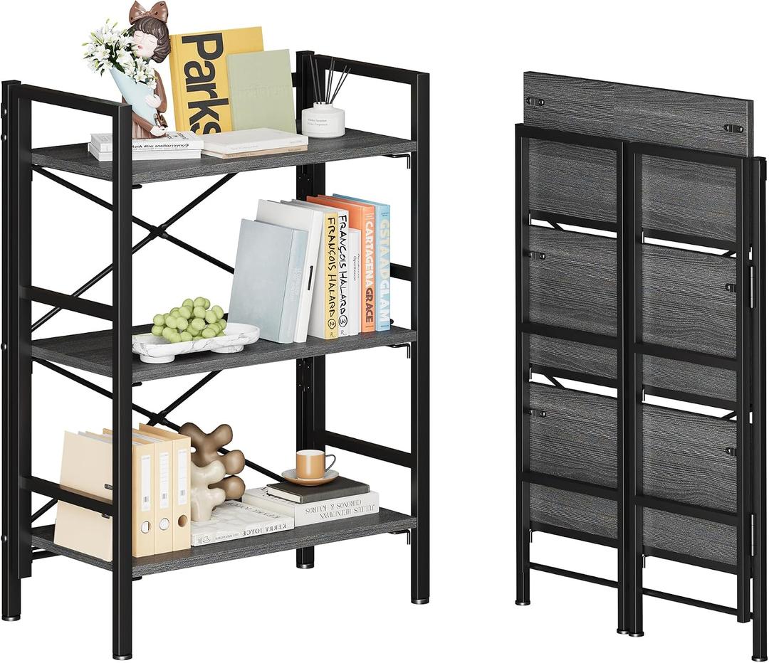 Homeiju Folding Bookshelf No Assembly, 3 Tier Bookcase Foldable Shelf with X-Bracket Design, Adjustable Feet, Space Saving Storage for Living Room, Office, 23.6"W x 11.8"D x 33.8H