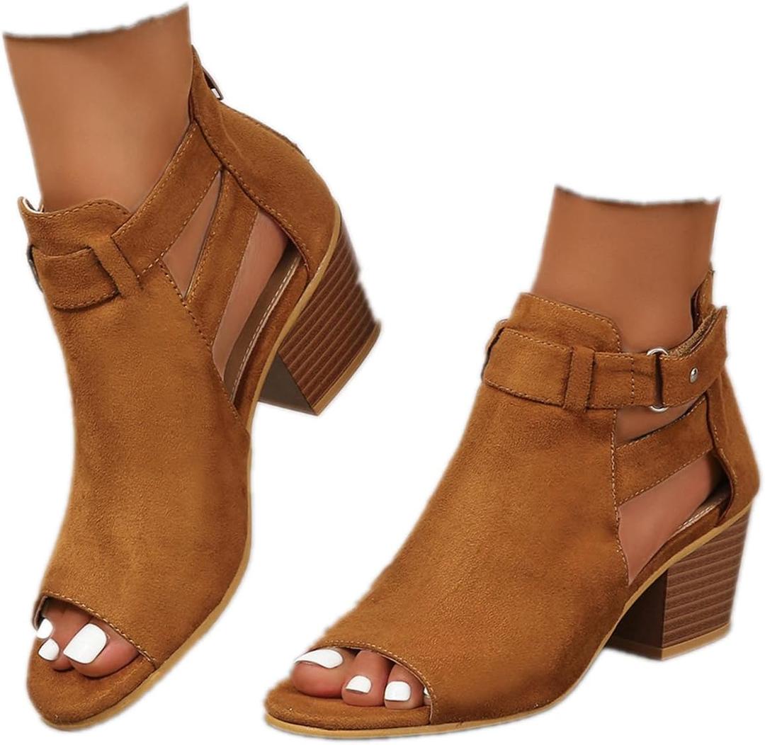 ZBYY Womens Peep Toe Ankle Booties Chunky Heels Cutout Back Zipper Sandals Suede Side Ankle Strap Dress Sandals (10, Brown)