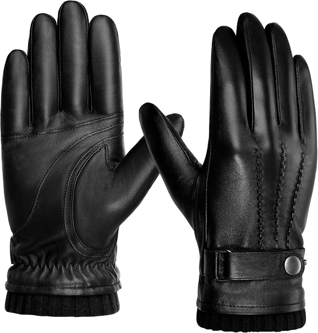 BISON DENIM Sheepskin Leather Gloves for Men, Winter Warm Touchscreen Gloves with Cashmere Lining, Driving Motorcycle Gloves (Large, Black)