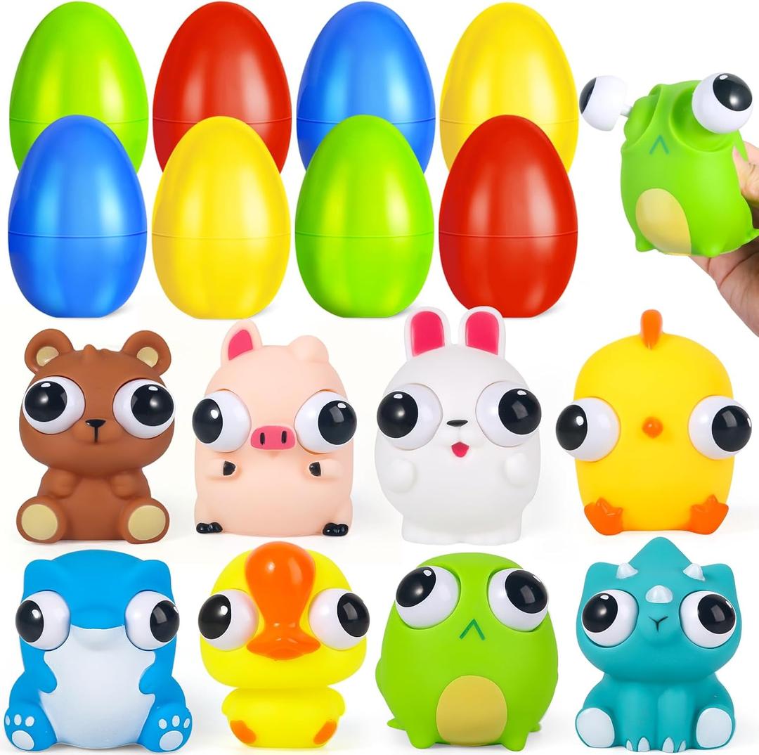 8 Pack Easter Eggs Filled with Big Pop Eyes Animals Toys for Kids, Easter Basket Stuffers Essentials, Easter Eggs with Toys for Easter Egg Hunt, Party Favor Supplies Classroom Prizes for Boys Grils