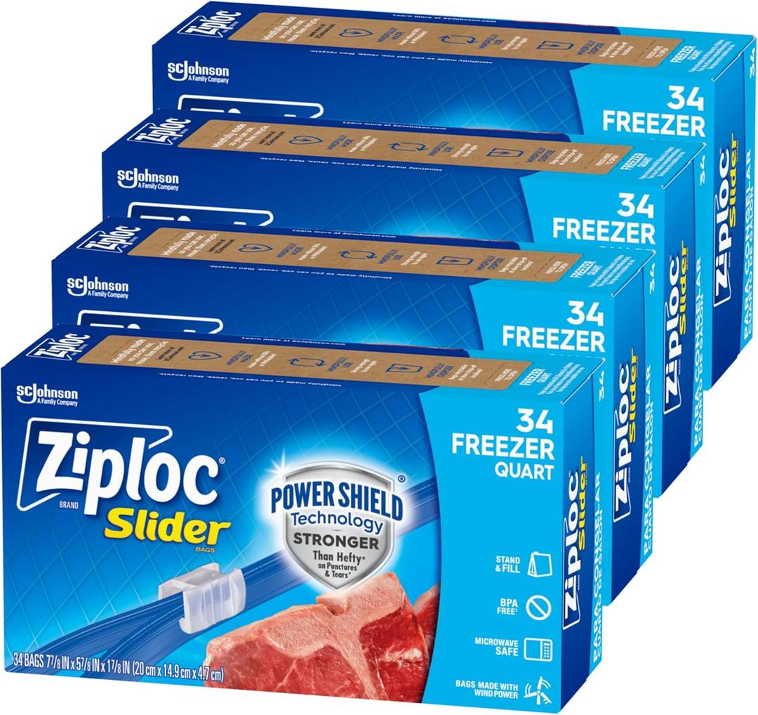 Ziploc Quart Food Storage Freezer Slider Bags, Power Shield Technology for More Durability, 34 Count, Pack of 4 (136 Total Bags)