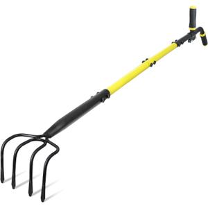 Jardineer 4-Tine Cultivator Rake with Auxiliary Handle, Garden Cultivator Long Handle, Hand Tiller Tool for Gardening Digging Loosening Weeding