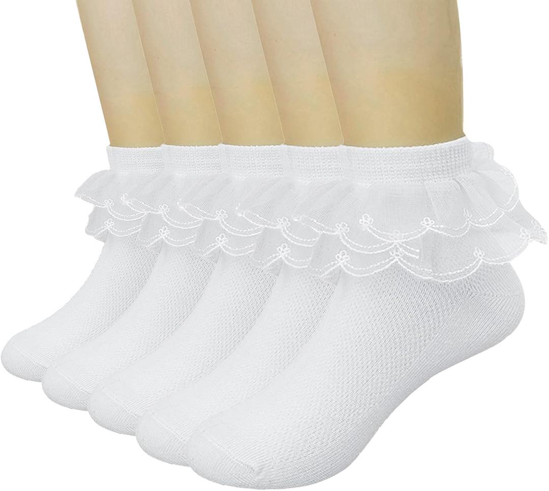 5 Pack Baby Toddler Girls Ruffle Socks White Princess Eyelet Frilly Lace Ankle Cotton Dress Socks for Little/Big Kids