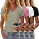 4 Pack Girls Short Sleeve Shirts Ribbed V Neck Tops Fitted Kids Soft Basic Tees Summer