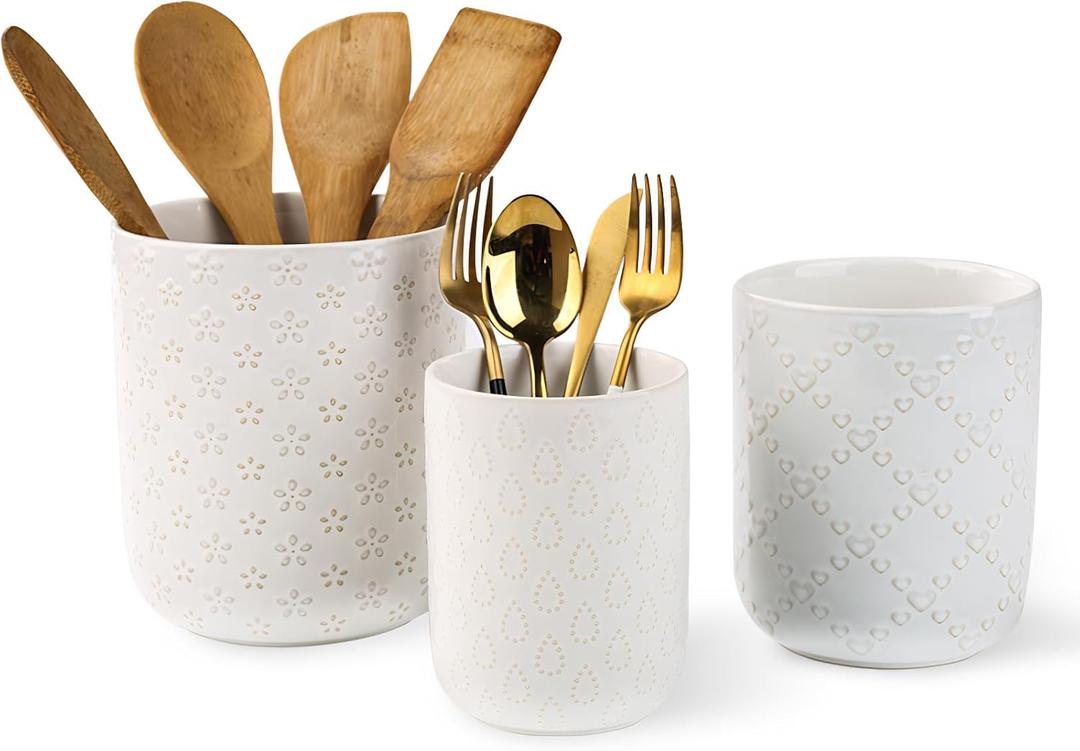 Kitchen Utensil Holder, Farmhouse Embossed Cooking Utensils Holder, White Ceramic Utensil Crock for Countertop, Large Utensil Organizer for Spatula, Spoon, Fork, Chopsticks, Set of 3
