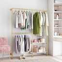 Gold Pipe Clothes Racks with White Shelves, Industrial Pipe Gold Clothing Rack with Double Hanging Rods, Heavy Duty Wall Mounted Clothing Rack Rod for Closet Storage, Bedroom