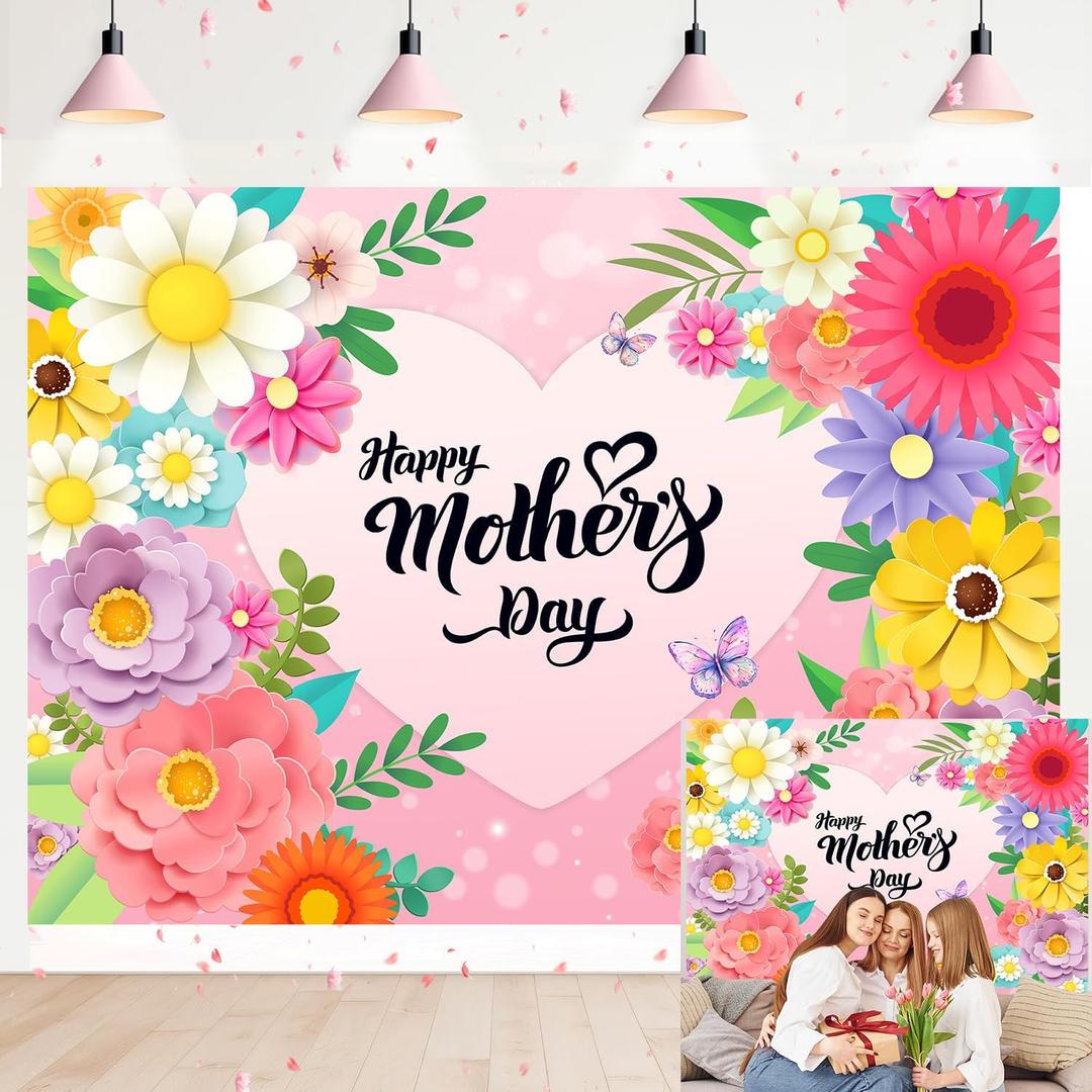 8x6ft Happy Mother's Day Backdrop Pink Flowers Love Photography Background Mothers Day Party Decorations Banner I Love Mom Party Birthday Photo Supplies