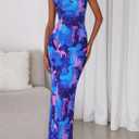 PRETTYGARDEN Women's 2026 Summer Floral Bodycon Maxi Dresses Ribbed Strapless Tube Casual Boho Party Long Dress (Blue, XXL)