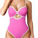 OQQ Womens One Piece Swimsuit Cutout Push Up Tummy Control Bathing Suit with Adjustable Straps (Pink, M)