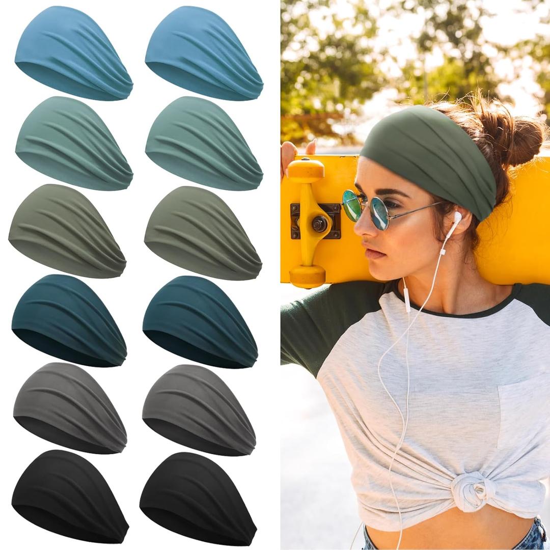 Sweat Headbands for Women, Extra Wide Headbands for Long Hair and Short Hair, 12 Pieces (Urban Jungle Colors)