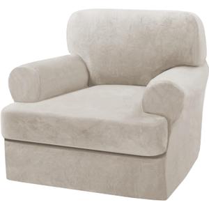 H.VERSAILTEX Sofa Cover 2 Piece T Cushion Armchair Slipcovers Thick Velvet Couch Cover Stretch T Cushion Sofa Covers for 1 Cushion Couch with 1 Individual T Cushion Covers, French Oak