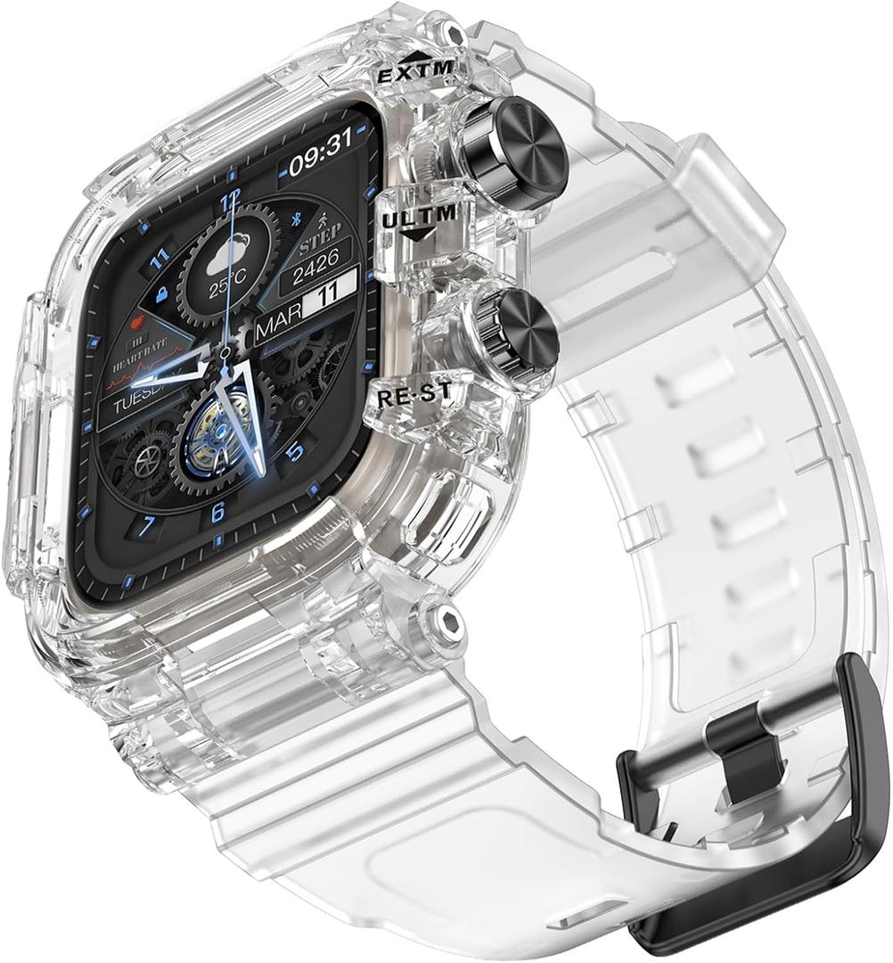 Goton Shockproof Case and Band for Apple Watch Series 9 8 7 SE2 SE 6 5 4 45mm 41mm 44mm 40mm, Military Protective Clear Rugged Bumper Cover TPU Strap for iWatch Accessories, 44/45mm Clear