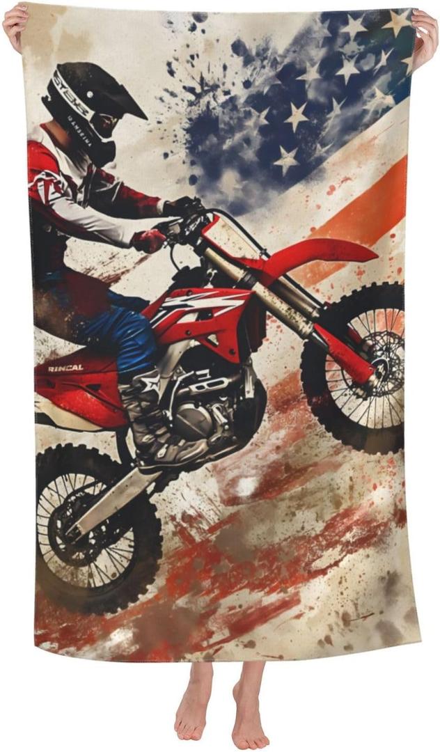 Motocross American Flag Beach Towel Dirt Bike Sand-Free Microfiber Bath Towel Ultra Soft Quick Dry Pool Towel Absorbent Towel Lightweight Towel for Outdoor Bathroom Swimming Decor 31inx51in