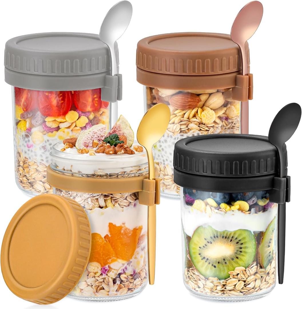DRKIO 4 Pack Overnight Oats Containers with Lids and Spoons 16 Oz Glass Mason Jars for Overnight Oats Jars Leak Proof Oatmeal Container Great for Cereal Fruit Vegetable Milk Salad Yogurt Meal Prep (Deep Colors)